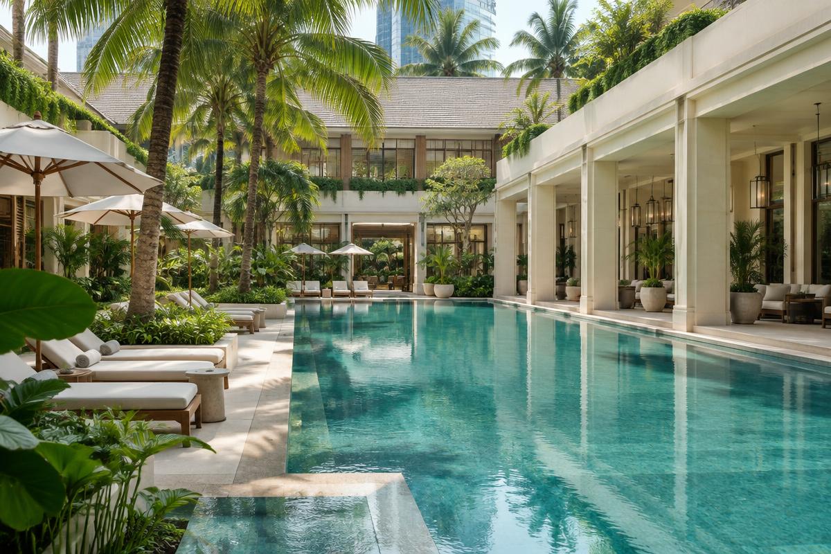 Illustrative tropical hotel courtyard